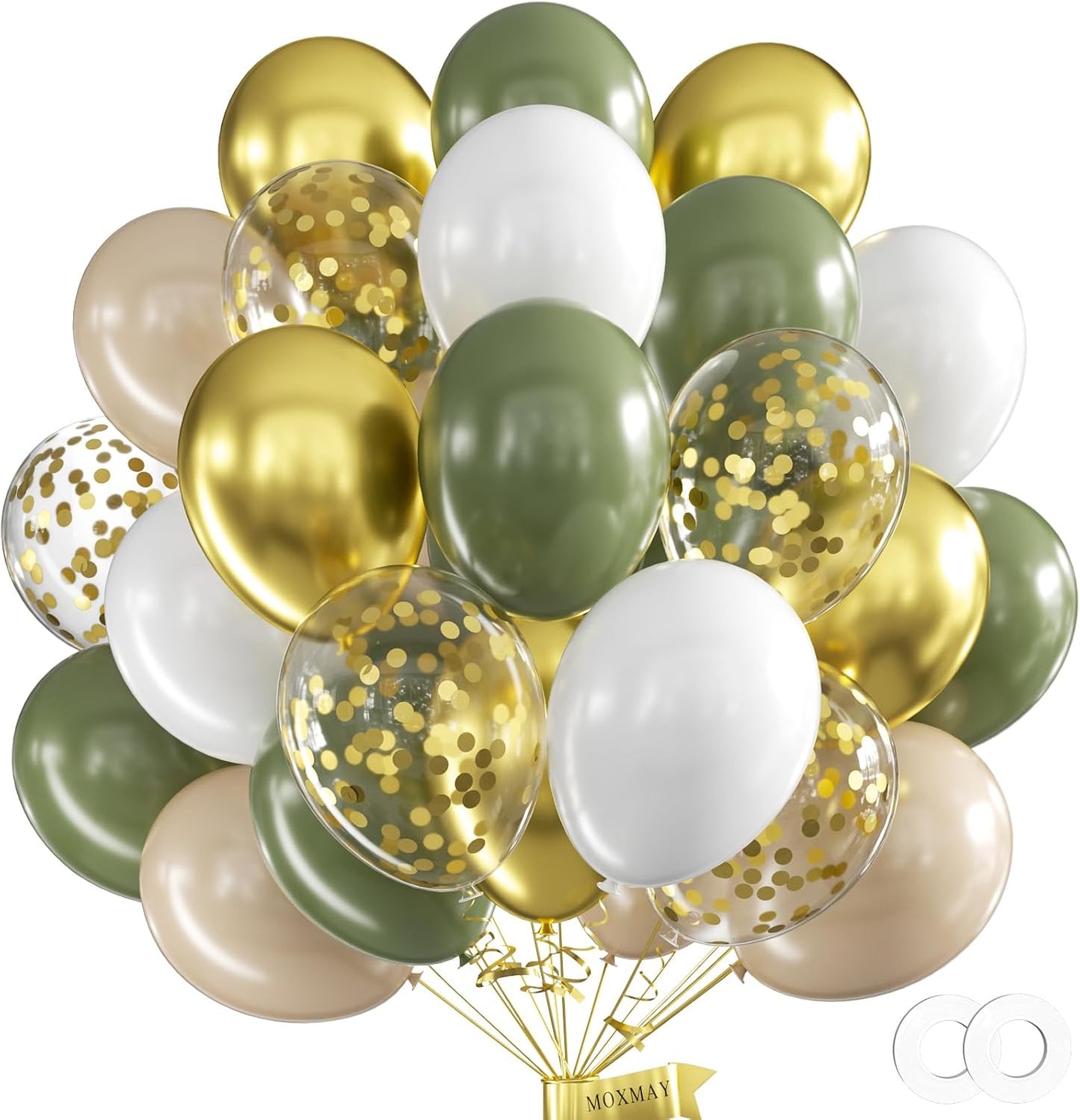 62Pcs 12Inch Sage Green White Gold Balloons Arch Kit, Green White Metallic Gold Confetti Balloons with Ribbons for Birthday, Wedding, Baby Shower, Graduation, Eucalyptus Party Decorations