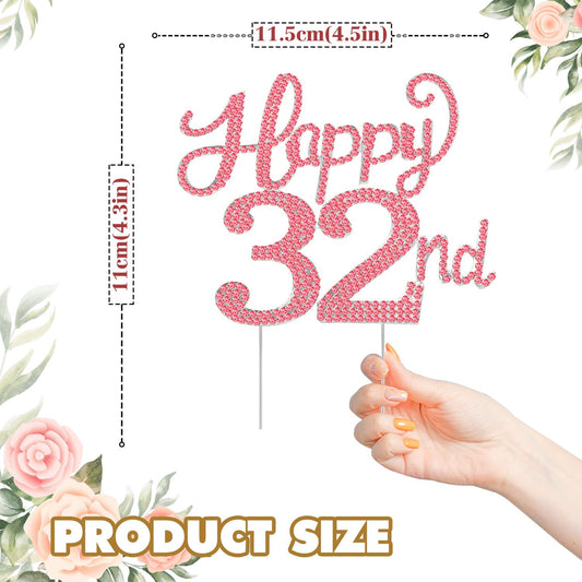 Happy 32nd Birthday Decorations,32nd Birthday Silver & Red Rhinestone Cake Topper - Cheers to 32 Years Old Bday Party Metal Sparkly Cake Centerpieces Sign.