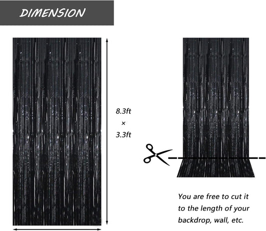 Black Foil Fringe Curtain 3.3×8.3FT 6 Packs, Metallic Tinsel Curtains Party Streamers for Birthday Graduation Baby Shower Decoration (6pcs,3.3FT×8.3FT, Black)
