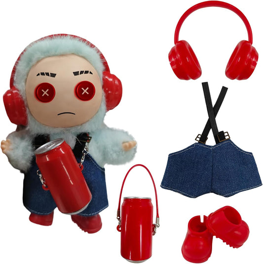 Doll Clothes for 17cm Dolls (No Doll Included) - Stylish and Adorable Outfits for Boys and Girls, Toy Fashion Accessories, Include Headphones, Small Bottle Pendant, Canvas Shoes(Red)