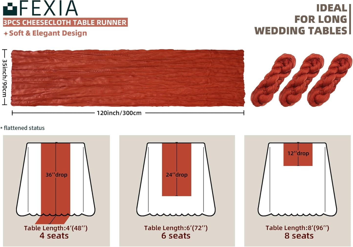 FEXIA 3 Pack Terracotta Table Runner 35x120 Inches for Baby Shower Decoration Gauze Rustic Table Runner for Wedding Party First Communion Centerpiece Engagement Bridal Shower Boho Decoration