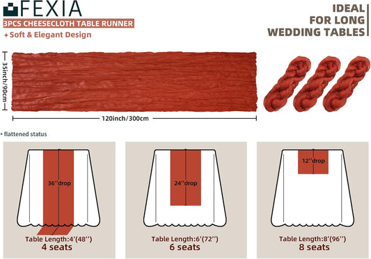 FEXIA 3 Pack Terracotta Table Runner 35x120 Inches for Baby Shower Decoration Gauze Rustic Table Runner for Wedding Party First Communion Centerpiece Engagement Bridal Shower Boho Decoration