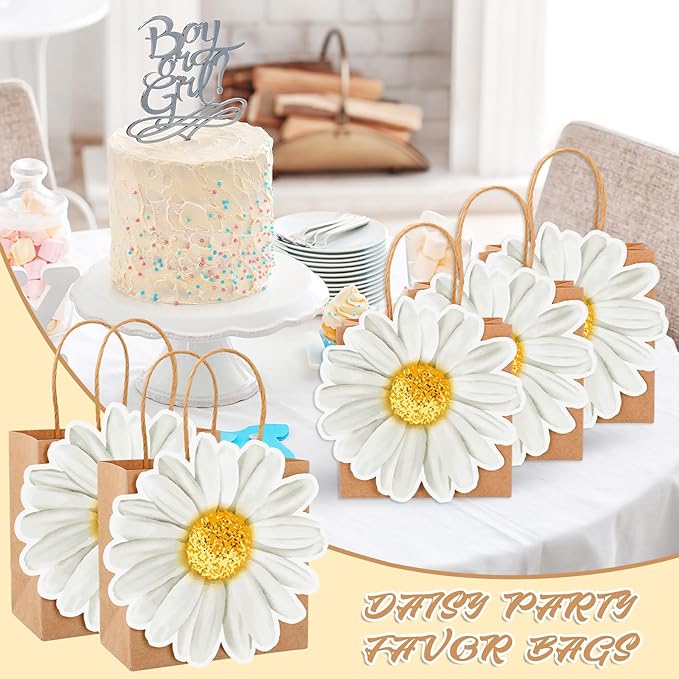 FYSUIMU 24 Pcs Daisy Kraft Paper Gift Bags with Handle Daisy Flower Party Favor Bags Cute Floral Goodie Candy Treat Bag for Spring Summer Mother's Day Wedding Birthday Bridal Shower