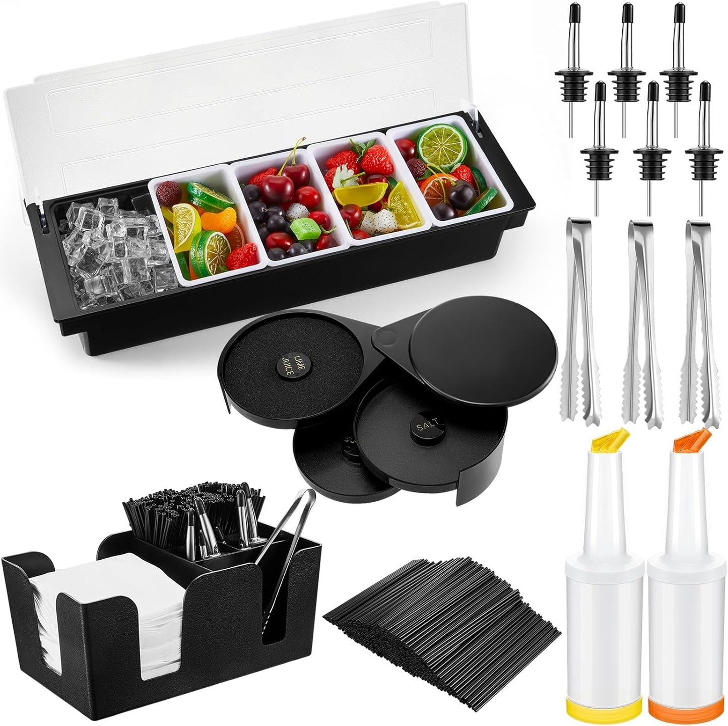 Mifoci Garnish Tray with Lid Bar Caddy 3 Tier Glass Rimmer 12 Stainless Steel Bottle Pourers 2 Plastic Juice Pour Bottles 1000 Count Cocktail Straws 3 Serving Tongs(5 Compartments,Plastic)
