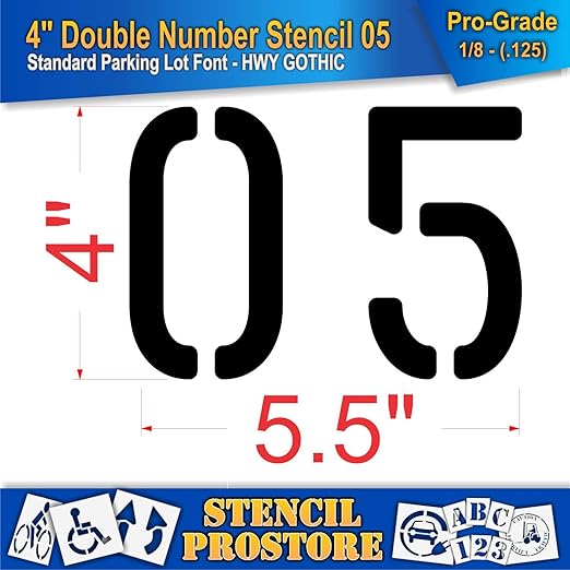 Pavement, Curb, and WheelStop Stencils - 4 inch Double Number Stencil - (05) - 4" x 5.5" x 1/8" (128 mil) - Pro-Grade