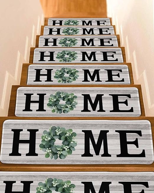 Stair Treads Non Slip Carpet,Home Green Eucalyptus Wreath Indoor Step Treads for Wooden Steps,Farm Vintage Wood Board Reusable Adhesive Stair Runner for Elders Dogs,15 Pack 8"x30"