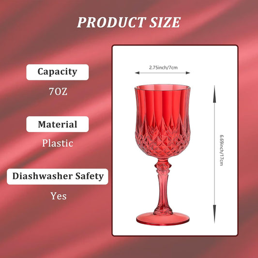 24PCS 7OZ Dark Red Wine Plastic Glasses, Drinking Champagne Glasses Flutes Crystal Vintage Water Unbreakable Goblets for Christmas, Wedding, Parties