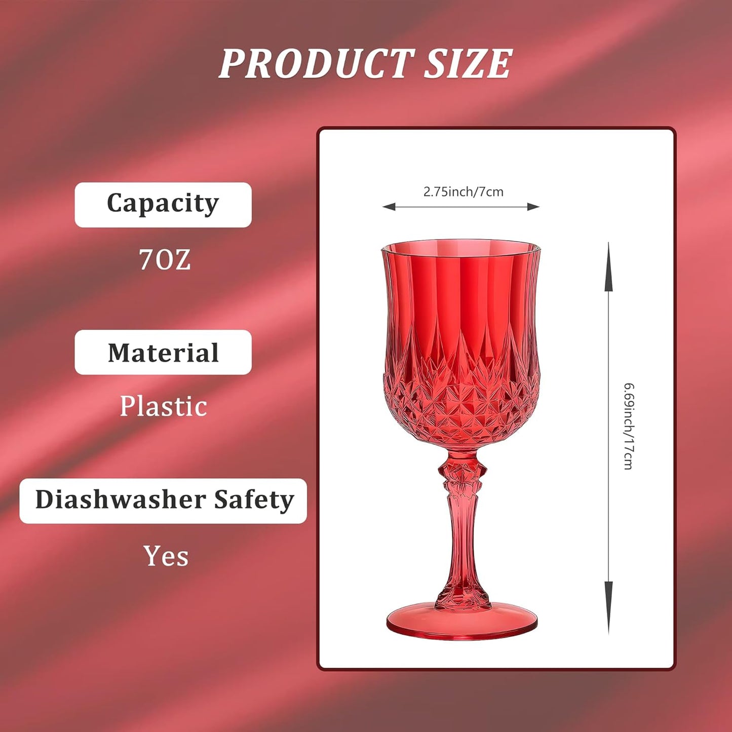 48PCS 7OZ Dark Red Wine Plastic Glasses Drinking Champagne Glasses Flutes Cups Crystal Vintage Water Unbreakable Goblets for Christmas, Wedding, Parties
