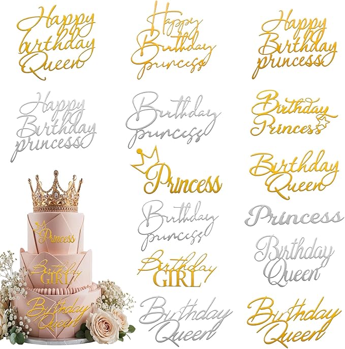 14pcs Birthday Queen Cake Topper Acrylic Gold Happy Birthday Queen Cake Topper for Women Queens Birthdays Decorations Cakes Decoration for Women Girls Valentine's Day Mother's Day