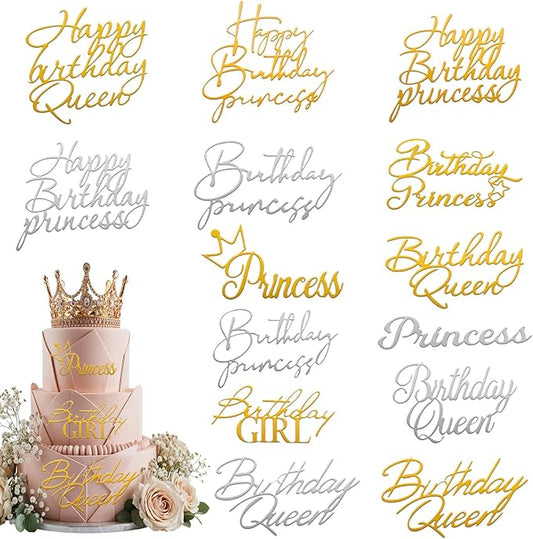14pcs Birthday Queen Cake Topper Acrylic Gold Happy Birthday Queen Cake Topper for Women Queens Birthdays Decorations Cakes Decoration for Women Girls Valentine's Day Mother's Day