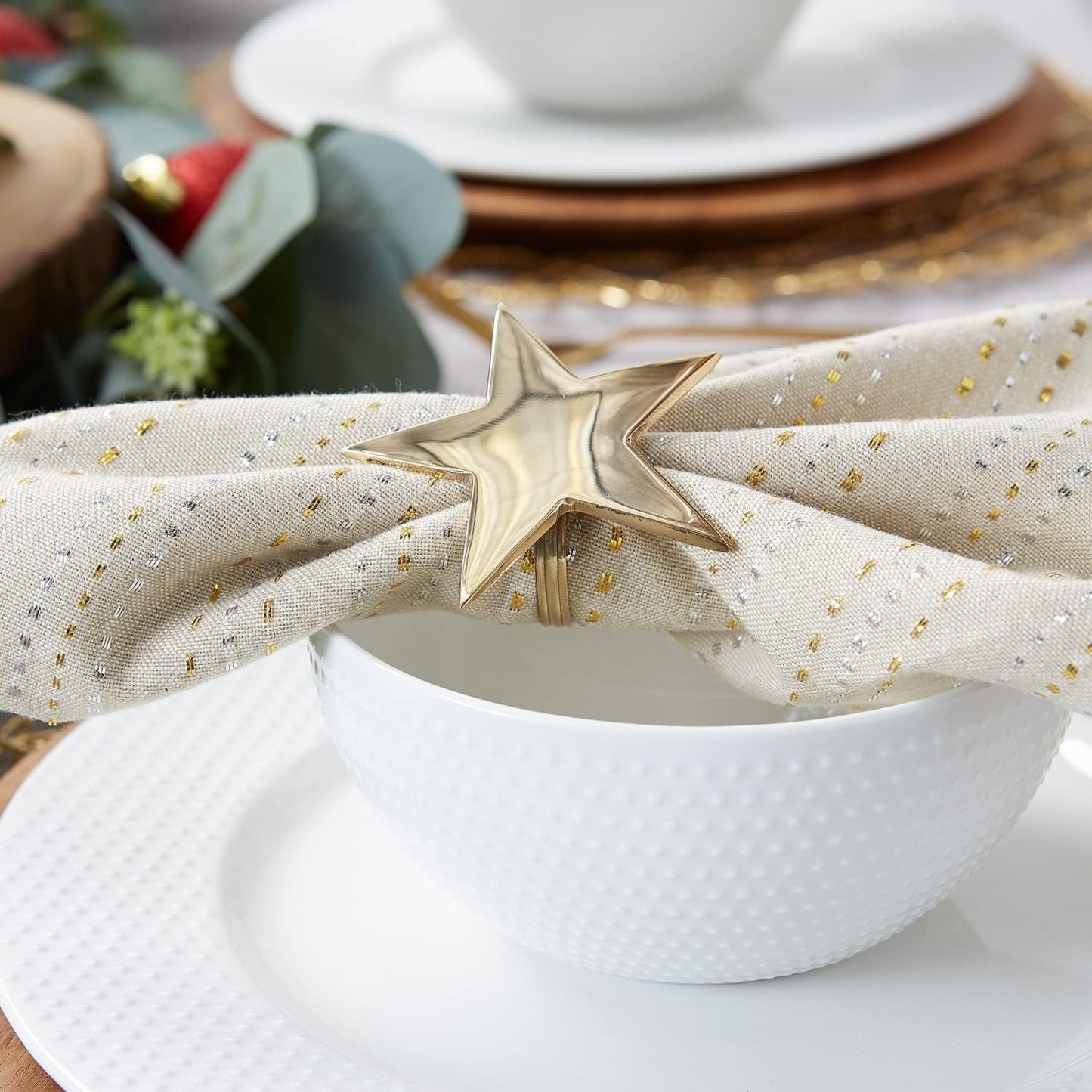 DII Christmas Thanksgiving Holiday Tabletop Décor Collection Decorative Napkin Ring Holder Set, 2.5" Diameter, Gold Stars, 6 Piece