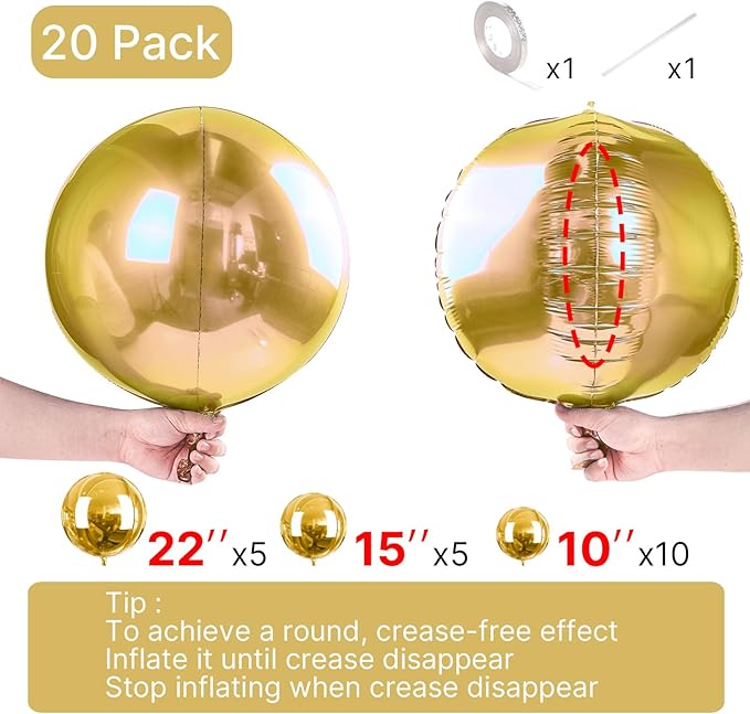 PartyWoo Metallic Gold Foil Balloons 20pcs Different Sizes Pack of 22 15 10 Inch Large Round Foil 4D Inflatable Mirror Ball Mylar Balloons for Graduation Birthday Baby Shower Party Decorations