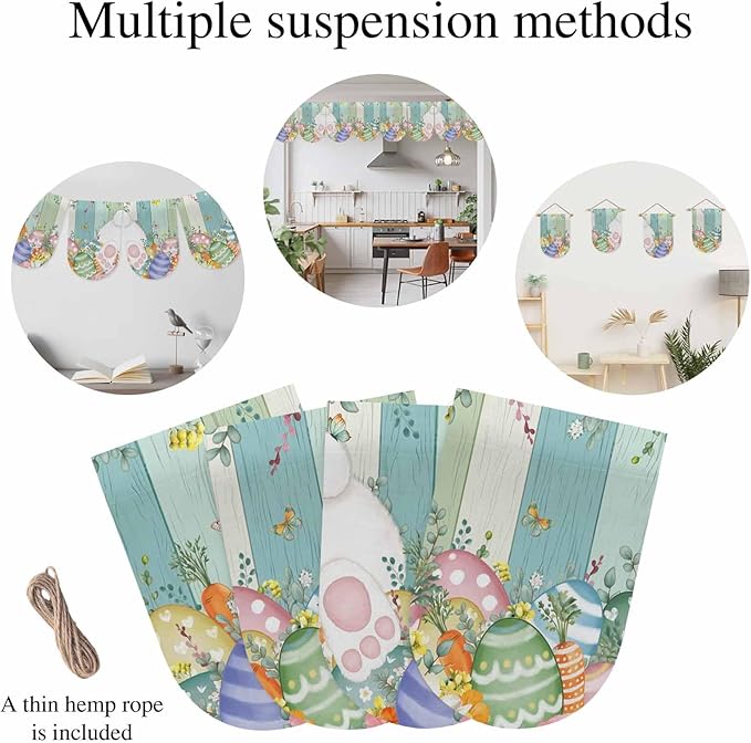 Cute Easter Bunny Banner 4Pcs Indoor Outdoor Hanging Banner Flag Eucalyptus Leaves Colorful Eggs Wooden Sign for Fireplace Mantel Decorative Bunting Garland Valance for Shop Door Decor 7.9"x11.8"