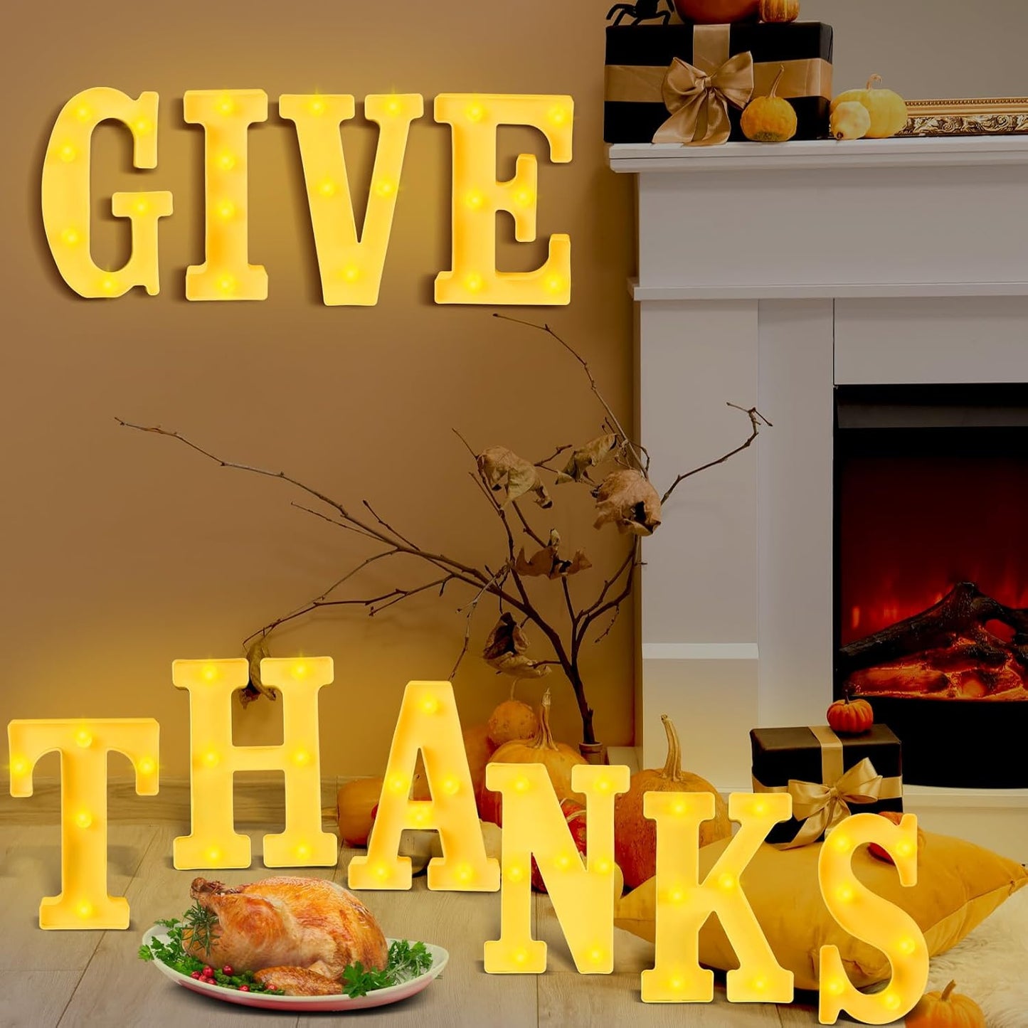 10 Pcs Give Thanks Large LED Letter Sign LED Lights Battery Powered Thanksgiving Table Decoration for Thanksgiving Party Decorations