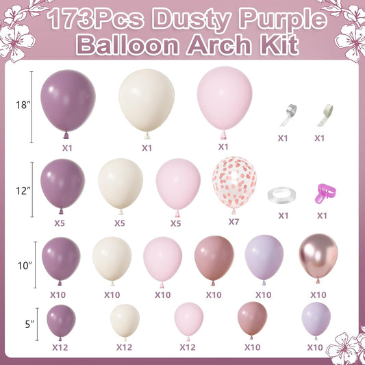 Amandir 173Pcs Dusty Purple Balloon Arch Garland Kit, Double-stuffed Pink White Sand Lavender Lilac Light Purple Rose Gold Confetti Balloons for Baby Bridal Shower Wedding Birthday Party Decorations