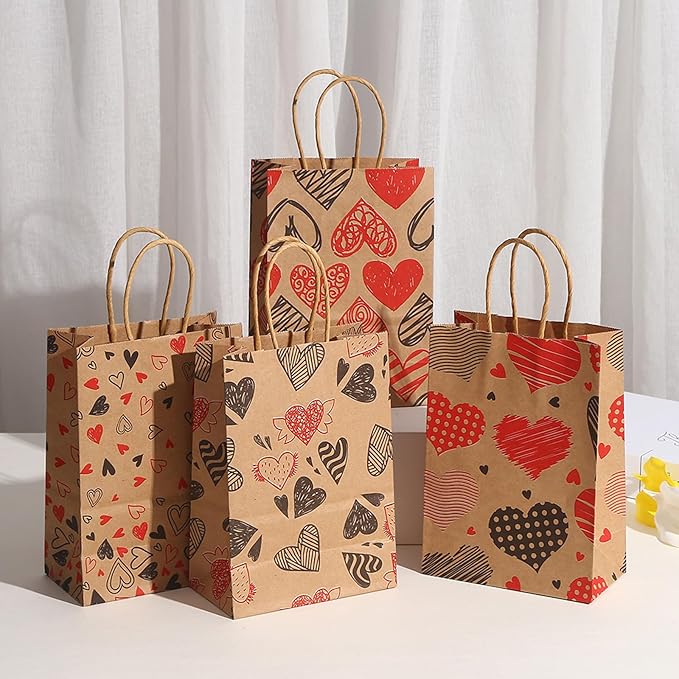 piqiya 24pcs Valentine Gift Bags Bulk,Kraft Paper Gift Bag with Handle,Valentines Gift Bags for Gift Wrapping,Anniversary,Valentine‘s Day Party