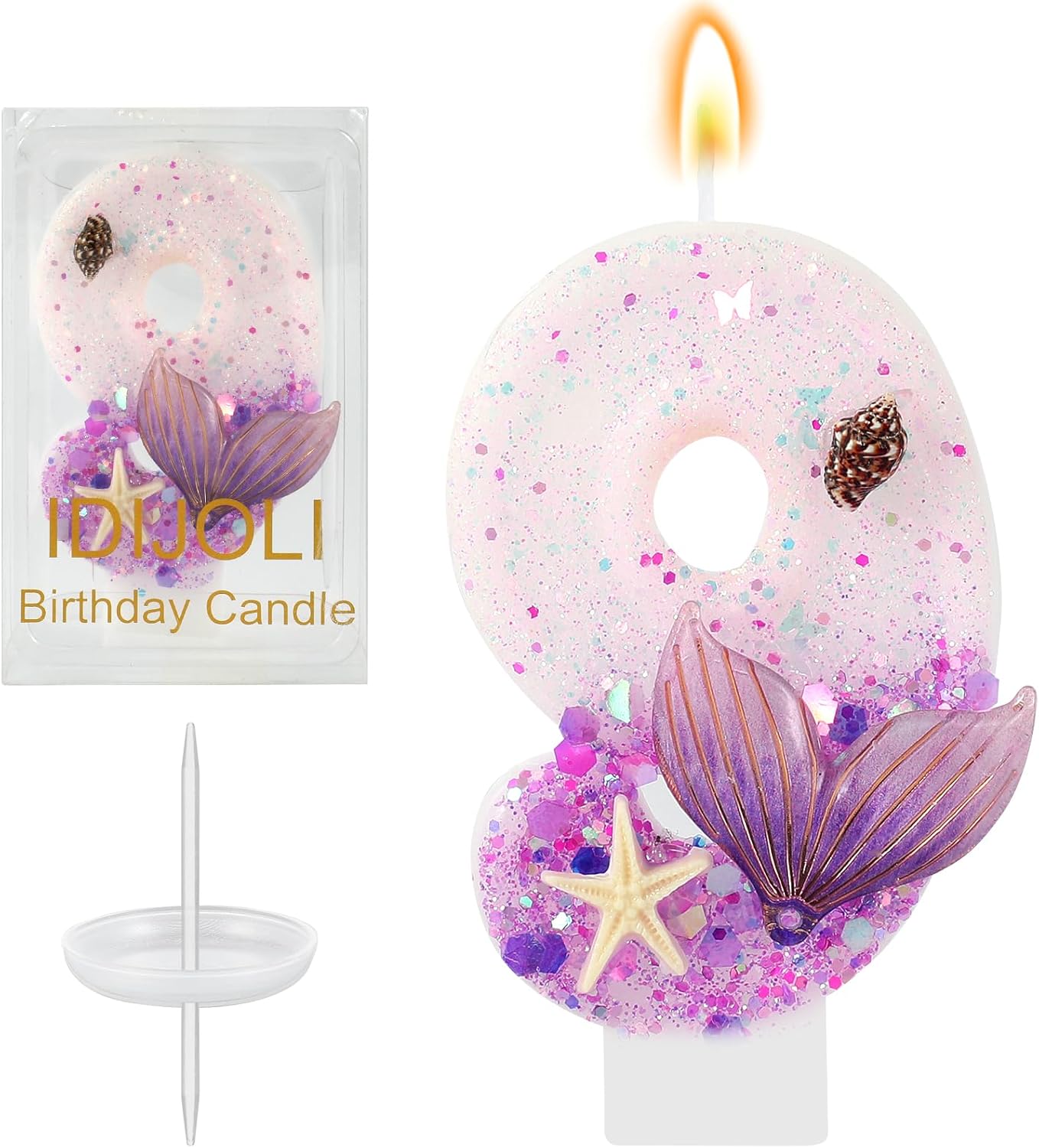 Purple Number 9 Candles Mermaid Birthday Candle 9th Birthday Cake Topper Cupcake Decorations for Girls and Women Party Decor Anniversary Celebrations Supplies Favors