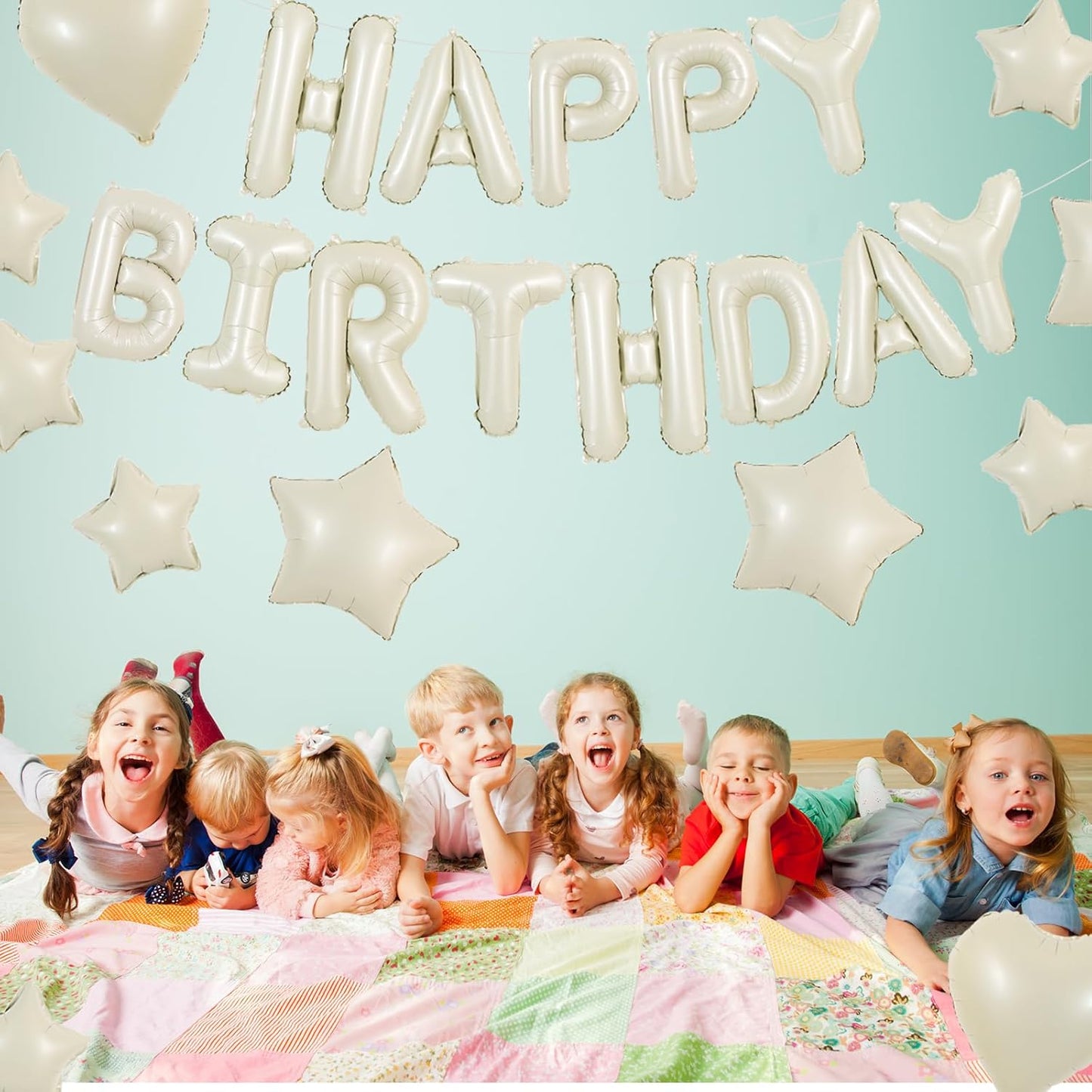 TONIFUL 31PCS Cream White Happy Birthday Decorations 16 Inch Happy Birthday Balloon Banner with Star Heart Balloons Mylar Foil Birthday Party Decorations Supplies for Men Women Adults Girls Boys Kids