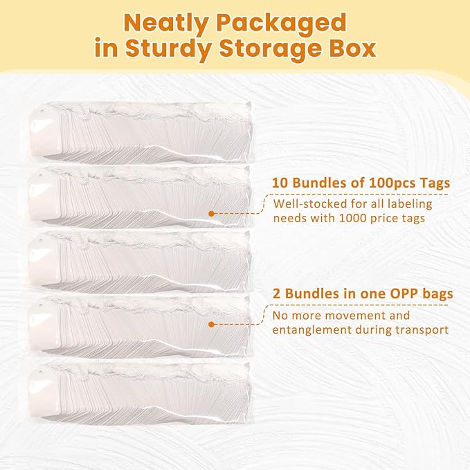White Price Tags with String Attached 1000 PCS, 1.375 x 2.125 Inches, Goefun Writeable String Tags for Gift Bags, Hanging, Clothing, Jewelry, Garage/Yard Sale, Inventory, 250 GSM