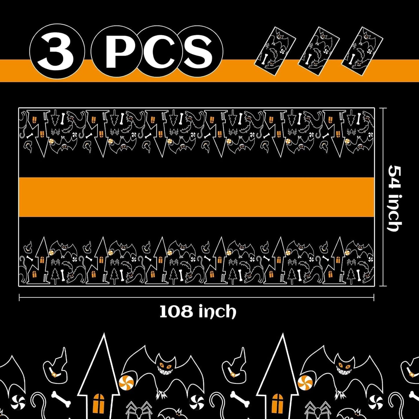 Childom 3 Pack Halloween Tablecloths,Disposable Plastic Tablecloths 54" x 108" Halloween Decorations,Plastic Table Cover for Birthday,Party Supplies,Holiday Table Cloth for Home,Dinner,Indoor,Outside