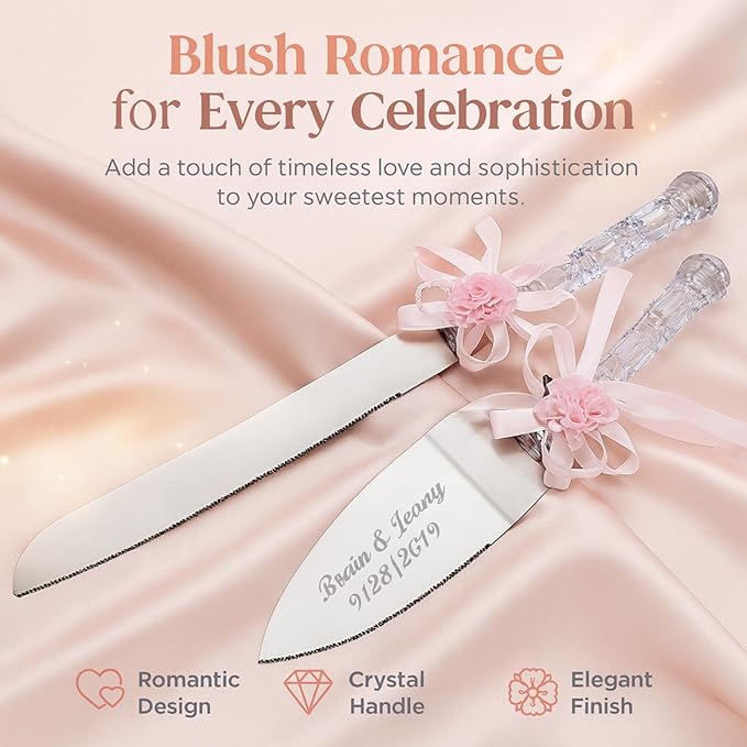 GIFTS INFINITY Personalized Wedding Cake Knife and Server Set with Engraving – Cake Cutting Utensil Set, Keepsake Gift for Wedding, Anniversary, Reception, Birthday & Other Occasions (Flower HG Pink)