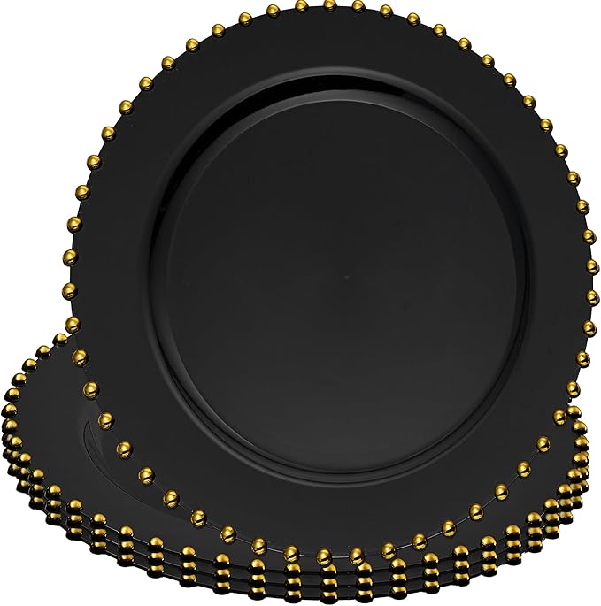 PLASTICPRO Black with Gold Rim Plastic Charger Plates with Beaded Edge – Pack of 8 – 13" Elegant Round Disposable Chargers for Weddings, Events, Parties, and Dinners