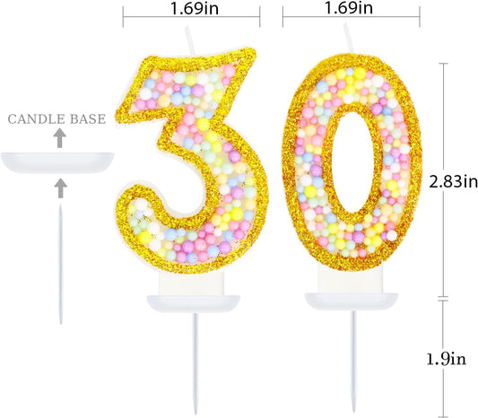 30th Birthday Candle for Cake, Colorful Macaron Numeral Candles for Women/Men, Birthday Party Cake Decorations, Golden Cake Topper for Birthday Party Supplies (Number 30)