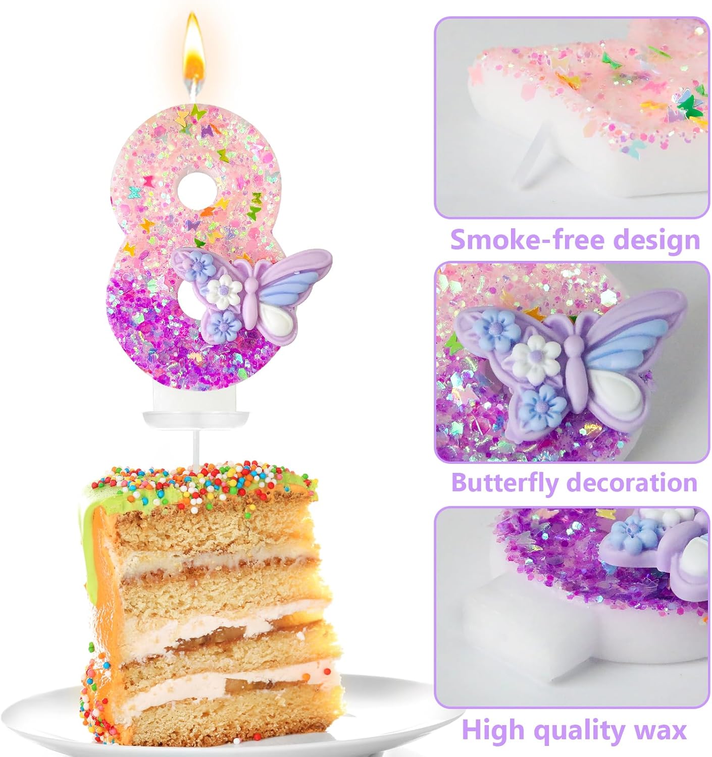 HXOUSE Butterfly Number 8 Birthday Candles - Pink & Purple Butterfly Birthday Candles for Cake, 8 Candle Topper for Anniversary Celebrations Supplies, Fairy Party Decorations for Girl (Number 8)