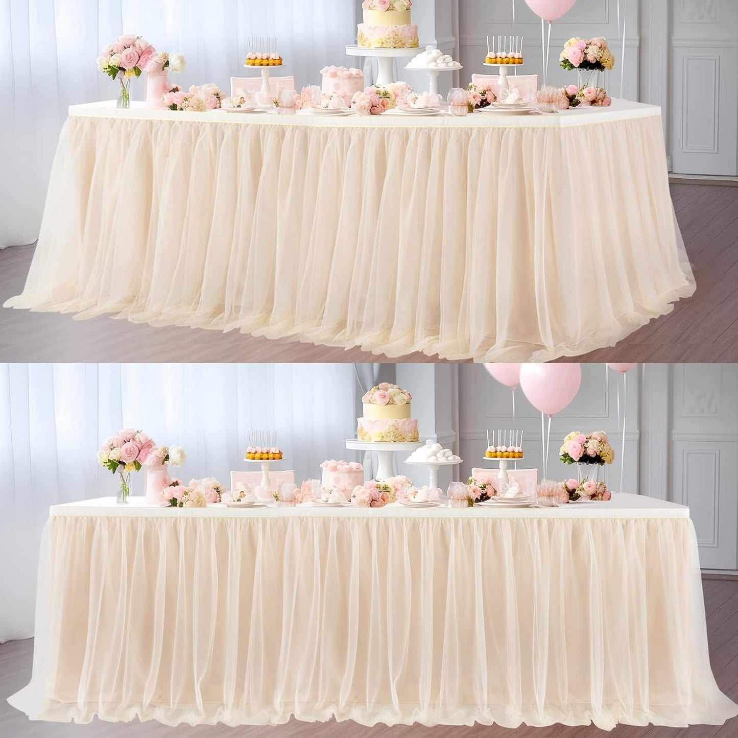 Suppromo 2 Pack 6ft Champagne Tulle Table Skirts for Birthday Party Wedding Reception Champagne Tutu Table Cloths for Parties Baby Shower Dessert Cake Table Decor