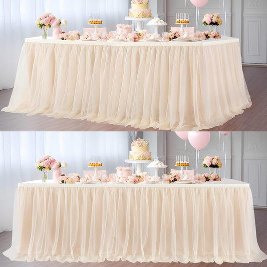Suppromo 2 Pack 6ft Champagne Tulle Table Skirts for Birthday Party Wedding Reception Champagne Tutu Table Cloths for Parties Baby Shower Dessert Cake Table Decor