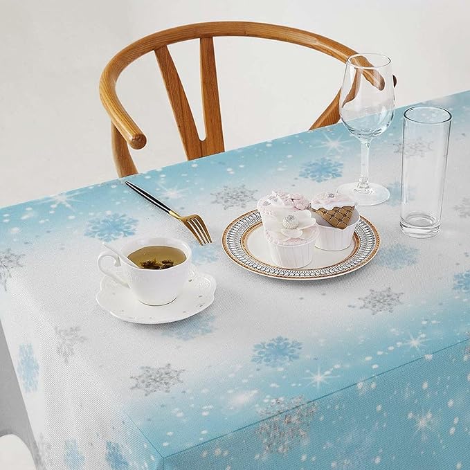 YCness Christmas Snowflakes Tablecloth, Blue Silver Shimmering Snowflake Winter Seasonal Decoration Table Cover for Winter Christmas Birthday Holiday Party Dinner, 60x90 Inch