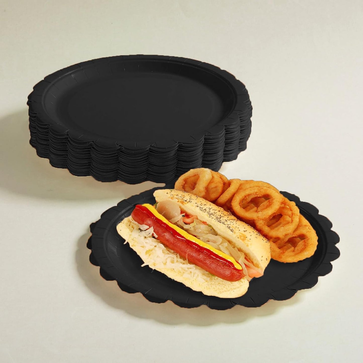 BEFORYOU 50PCS Scalloped Disposable Paper Plates Dessert Cake Party Plates for Baby Shower, Wedding,Bridal Shower Birthday Party Supplies (Black, 7IN)