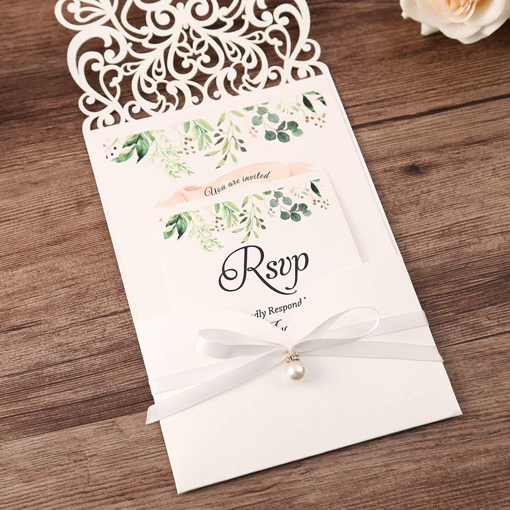 5X7.2 Inch 50PCS Personalized Laser Cut White Wedding Invitations With Rsvp Cards And Envelopes And Ribbon Belly Band Pearl Embellishments Wedding Invitation Cards For Wedding Invite