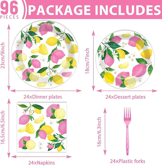 OBUSATT 96Pcs Pink Lemon Party Supplies Lemon Paper Plates Napkins Lemons Summer Party Decorations Pink Lemonade Dinnerware Party Favor Birthday Party Picnic HomeTableware Serves 24