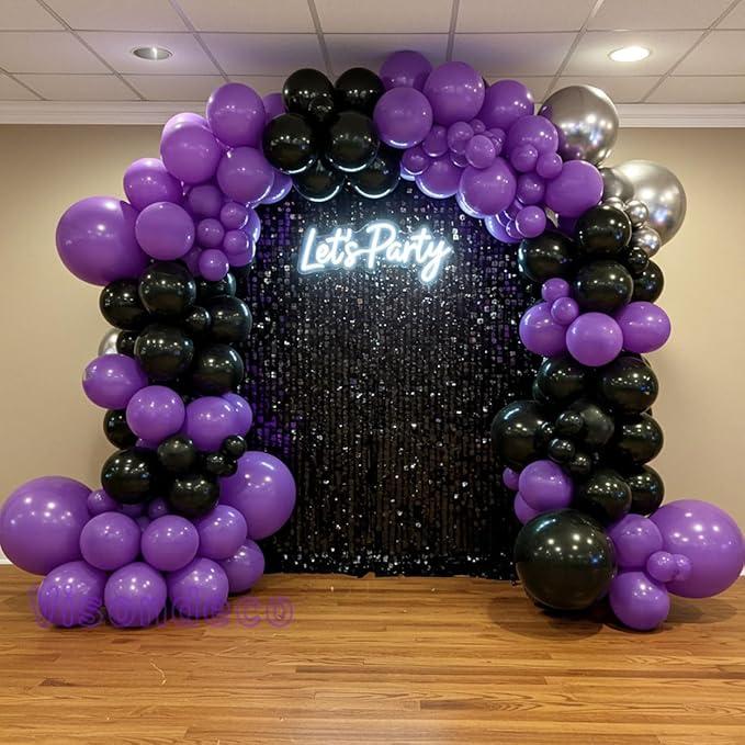 Black and Purple Balloons - 132pcs 18'' 12'' and 5'' Purple Black Balloon Arch Kit with Metallic Silver Balloons for Birthday Party Halloween Graduations Corporate Event and Gaming Night