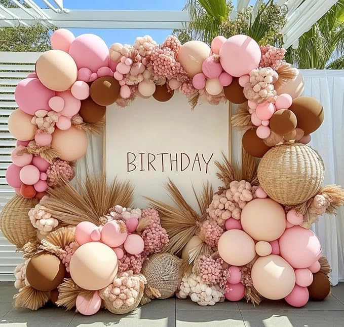 Pink Brown Balloon Garland Double Stuffed Light Pink Beige Brown Balloon Arch Kit for Birthday Baby Bloom Bridal Shower Boho Wedding Mother's Day Party Decorations