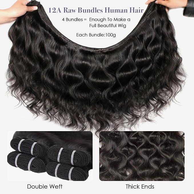 12A Raw Bundles Human Hair Body Wave Human Hair Bundles,20 22 24 26 Inch Indian Virgin Bundles Human Hair Quick Weave, Triple Lifespan No Tangle Shedding Keep Texture Silky Soft After Multiple Washes