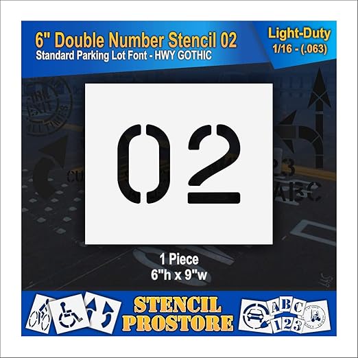 Pavement, Curb, and WheelStop Stencils - 6 inch Double Number Stencil - (02) - 6" x 9" x 1/16" (63 mil) - Light-Duty