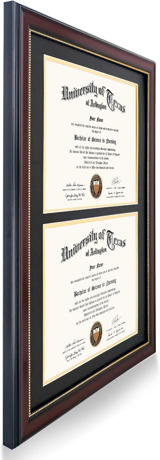 GraduationMall 14x20 Double Diploma Frame, Display 8.5x11 Certificate with Black over Gold Mat,UV Protection Acrylic,Mahogany with Gold Beads