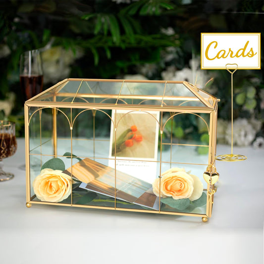 Glass Wedding Card Box with Lock, 12.6x5.9x9 inches Large Gold Card Boxes for Wedding Reception, Graduation, Keepsake Display, Party Centerpiece Gift Box
