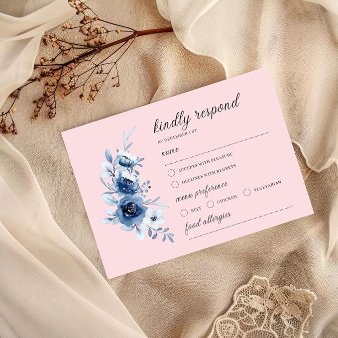 crafty-bell Glossy Finish Personalized Wedding RSVP Response Cards with White Envelopes, Blue Floral Design, 15 Count Respond Cards in Glossy Finish (Pink)