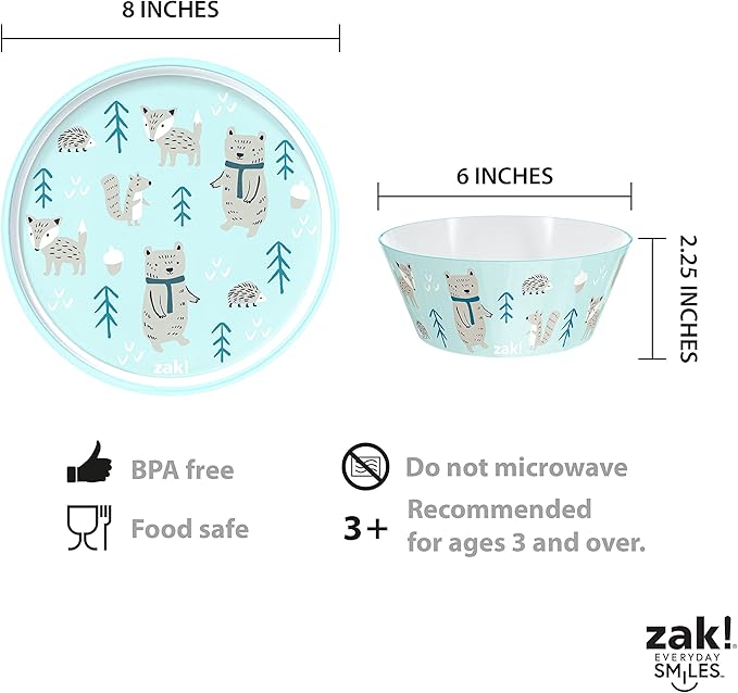 Zak Designs 5-Piece Dinnerware Set, Forest Friends - Durable Plastic & Stainless Steel - Includes Water Bottle, 8-Inch Plate, 6-Inch Bowl, Fork & Spoon - Suitable for Kids Ages 3+