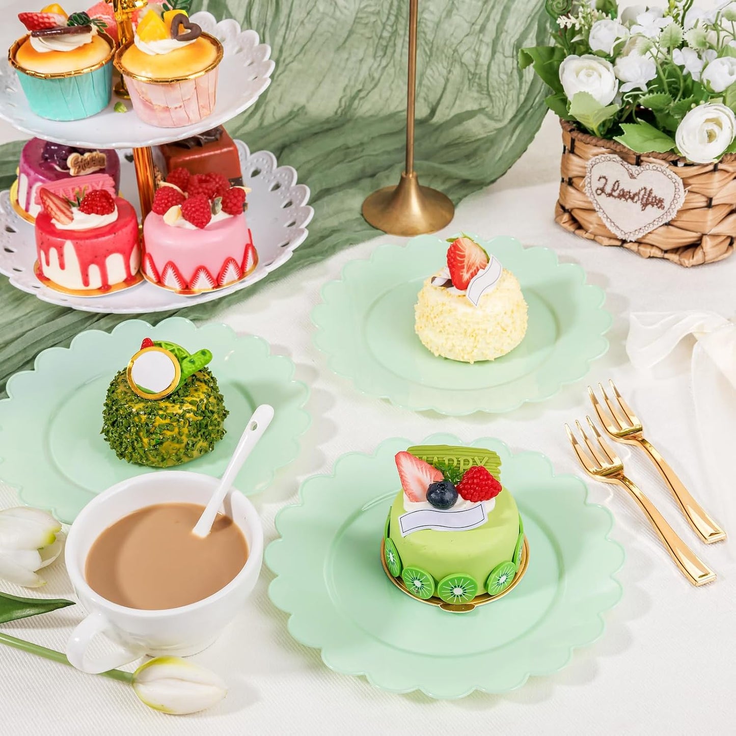 LIYH 200 Pcs Sage Green Plastic Disposable Plates and Gold Forks 7.5 Inch Scalloped Dessert Appetizer Plates, Cake Forks 5" for Wedding Holiday Party Self-Service Dining Table Decoration