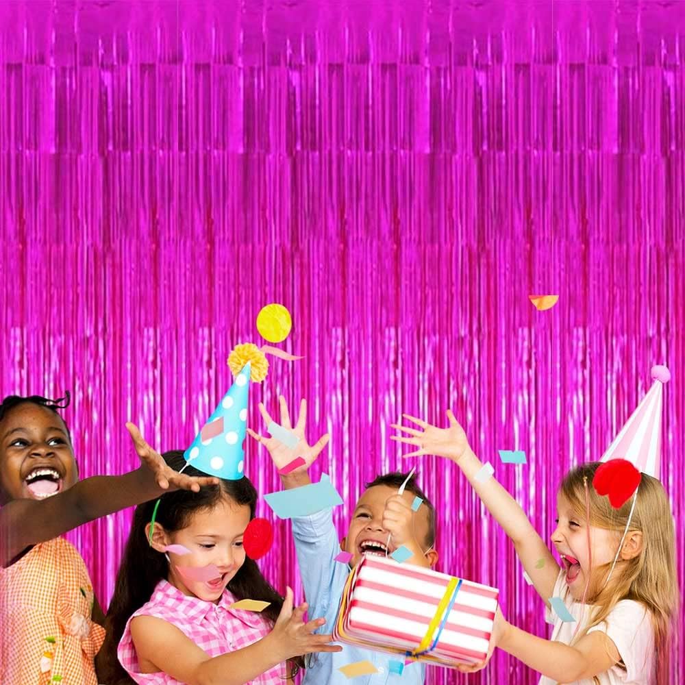 4 Pack Fuchsia Foil Fringe Curtain Backdrop, 3.28Ft x 6.56Ft Metallic Tinsel Foil Fringe Streamers Curtains for Party, Photo Booth Props, Birthday, 2022 Graduation Decoration Supplies, ROSE RED