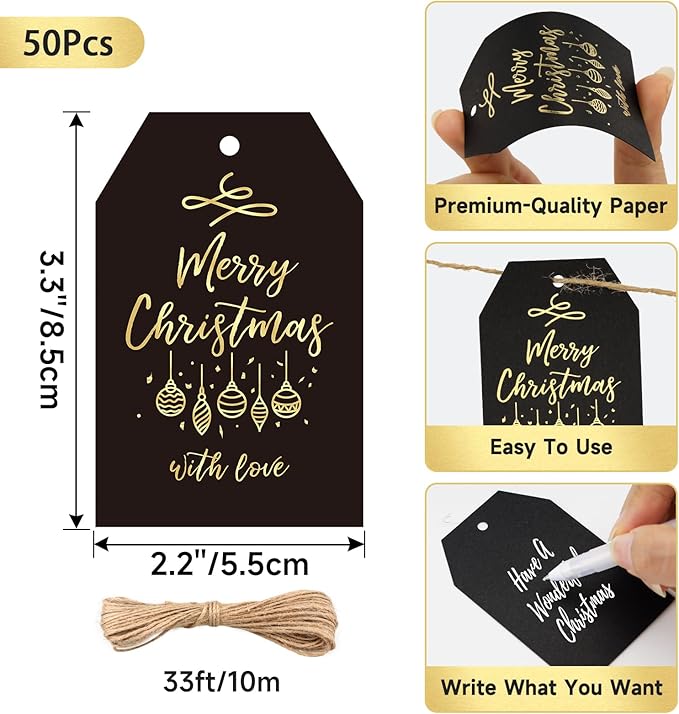 Anwyll Christmas Gift Tags with String - 50Pcs Gold and Black Merry Christmas with Love Tags for Gifts Xmas Gift Tag Happy Holidays Hang Paper Label Tag for Present Wrap Goodie Bag Holiday Party Favor