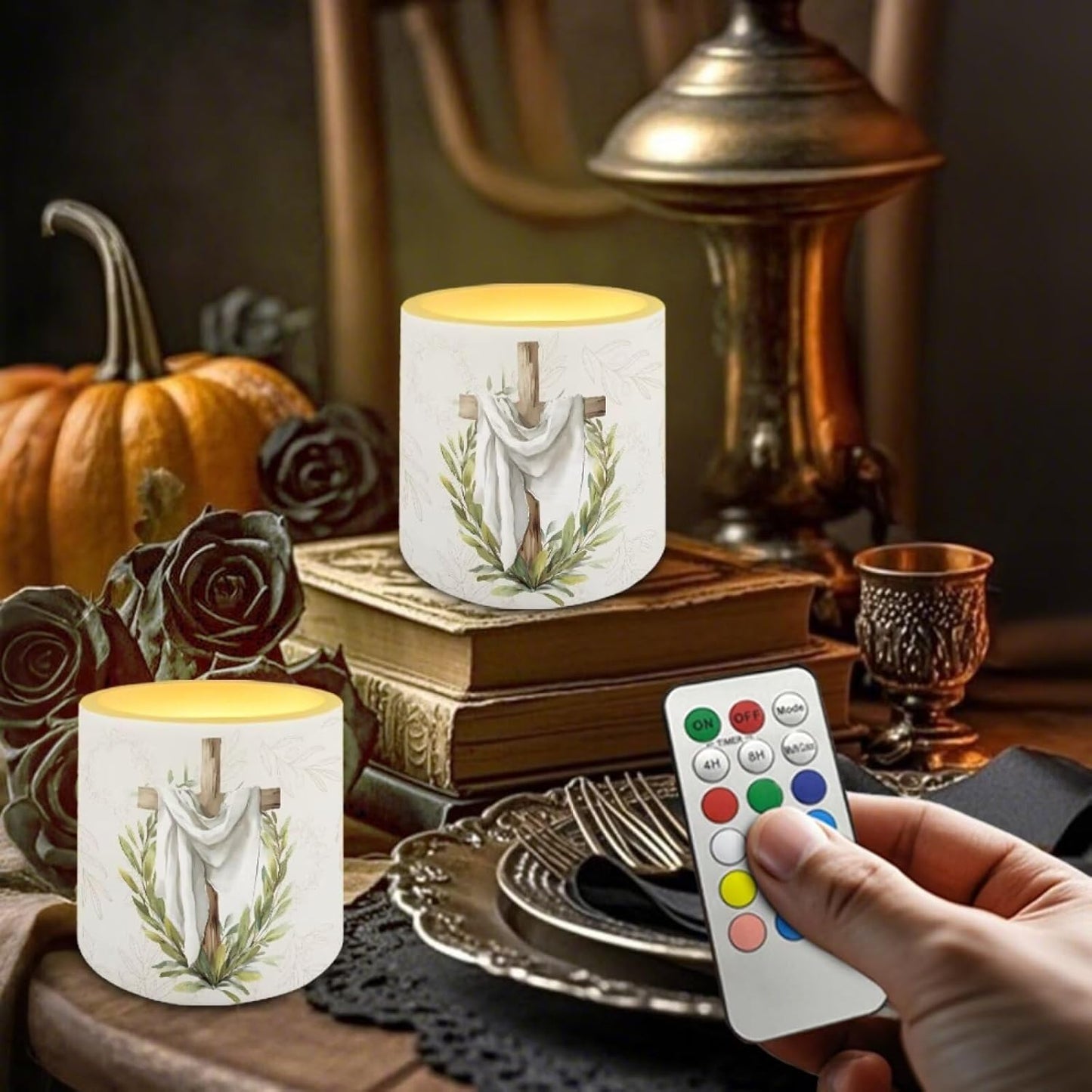 Poceacles 4 Pack Christmas Flameless LED Candles Remote Control Flickering LED Pillar Candles Multi-Color Options Tea Lights for Party Dinner Event Decor, Cross Leaf White