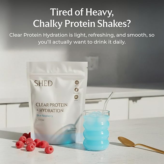 Clear Protein Powder with Electrolytes by Shed, 15g Whey Protein Isolate, Low Calorie and Lactose Free, Light and Clean Hydration Drink, Bloat-Free Post Workout Supplement, Variety Pack (15 Servings)