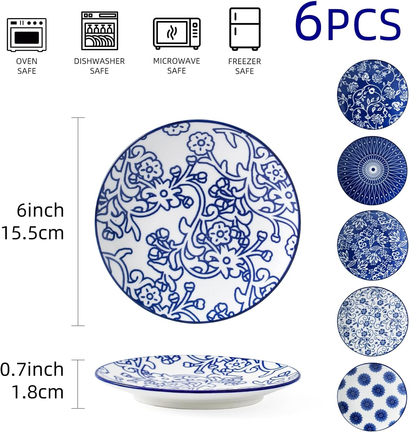 Ceramic Dessert Plates Set - 6 Inch Small Appetizer Plates for Kitchen - Salad Plate for Snacks Side Dish Cake, Gift, Microwave Dishwasher Safe, Vintage Blue