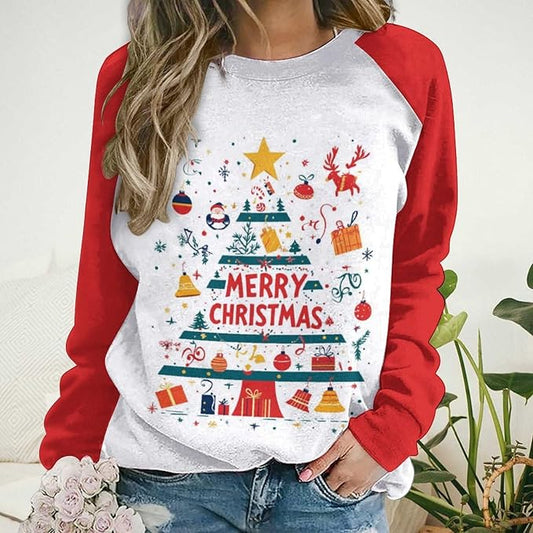LOAIHA Christmas Sweatshirts for Women Christmas Tree Graphic Shirt Xmas Long Sleeve Merry Christmas Pullover Blouse