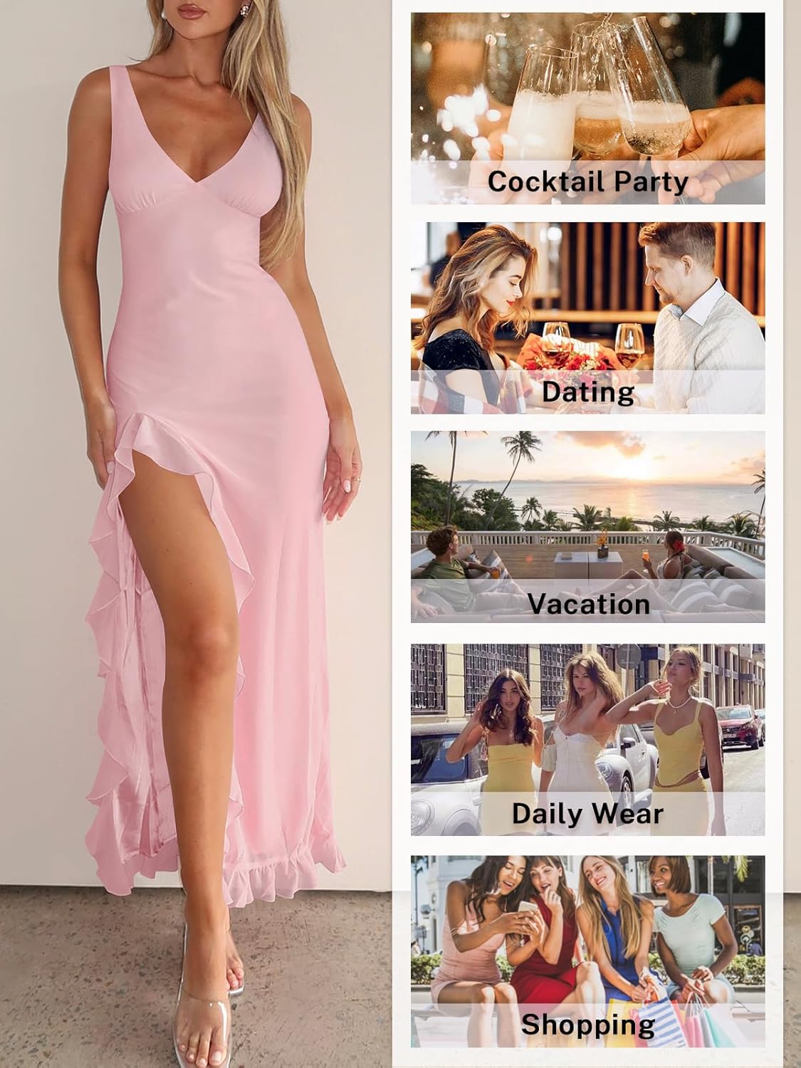 Women Sexy V Neck Sleeveless Mesh Ruffle Hem Bodycon Maxi Casual Backless High Slit Cocktail Party Dress